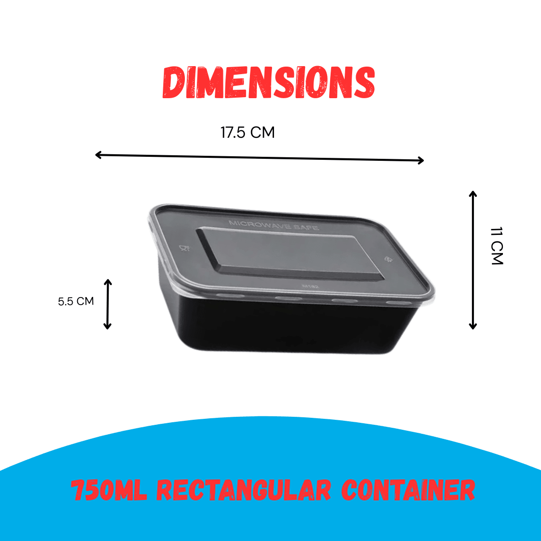 750ml rectangular black plastic container with dimensions 17.5cm length, 11cm width, and 5.5cm height for food packaging.