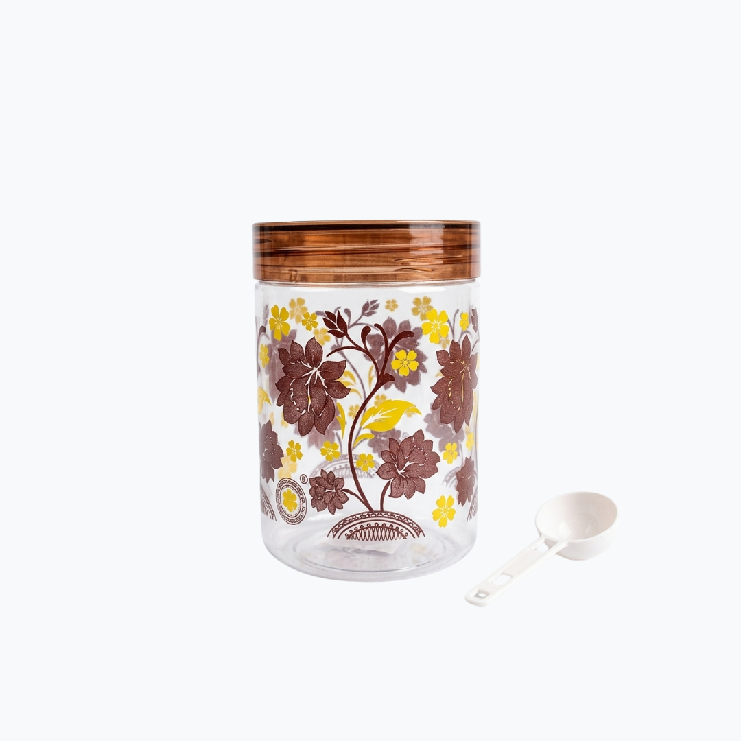 Buy Brown Floral Plastic Storage Jar 800 ml with Spoon for Daily Use