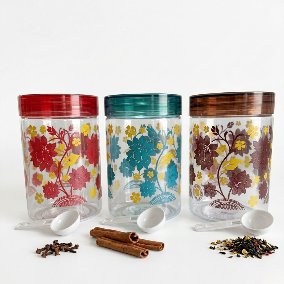 floral plastic storage jars 800 ml set with spoon red brown blue for kitchen and groceries storage 