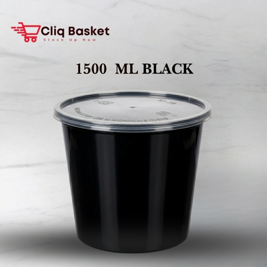 CliqBasket 1500 ml black round plastic food container with lid pack of 25