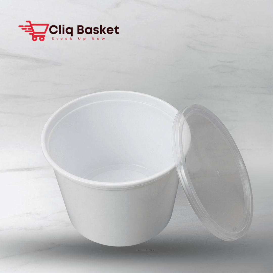 CliqBasket 2000 ml white round plastic food container with lid of 25 pack -Cliqbasket