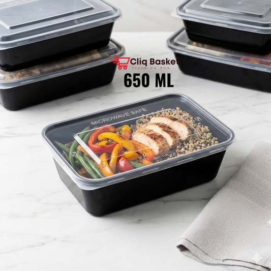 Rectangular plastic black food container with food inside closed lid 