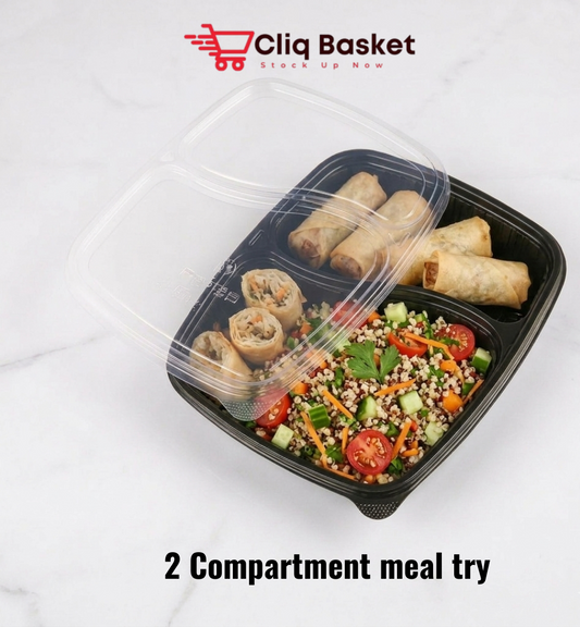2 Compartment Black Plastic Meal Container | Meal Box for Home