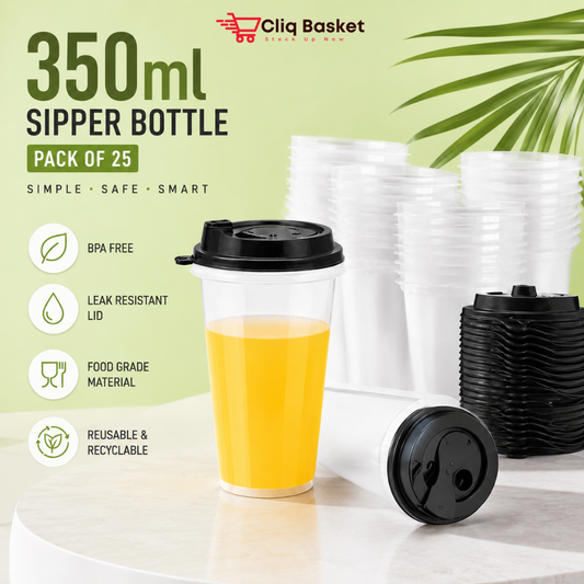 350ml Plastic Sipper Bottle with Lid – BPA-Free Office & Travel Reusable Water Bottle (Pack of 25) | CliqBasket