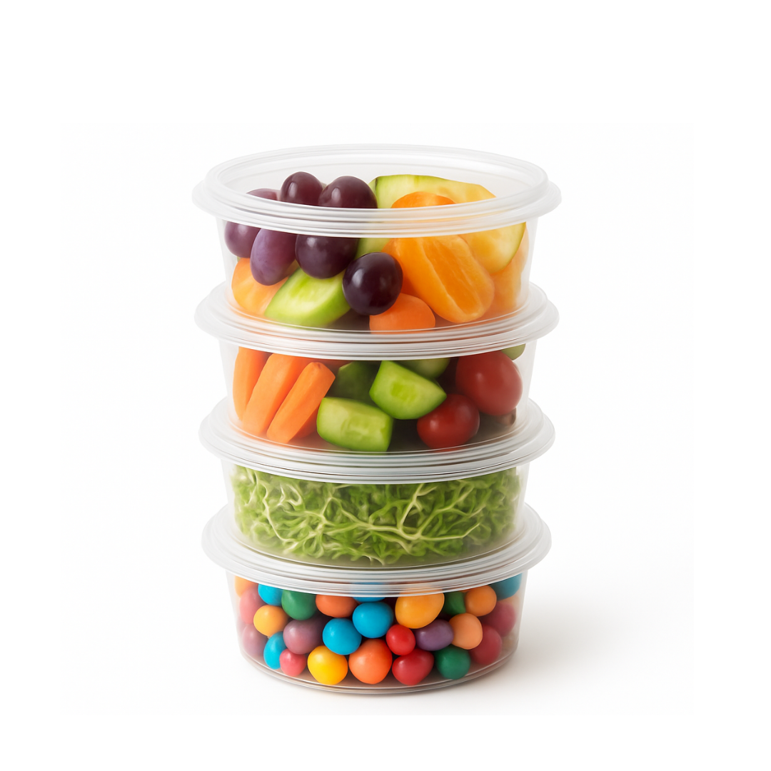 Round transparent plastic food storage container with lid used for storing Fruits & vegetables in Indian kitchen – reusable, BPA-free round container for home and cloud kitchen use