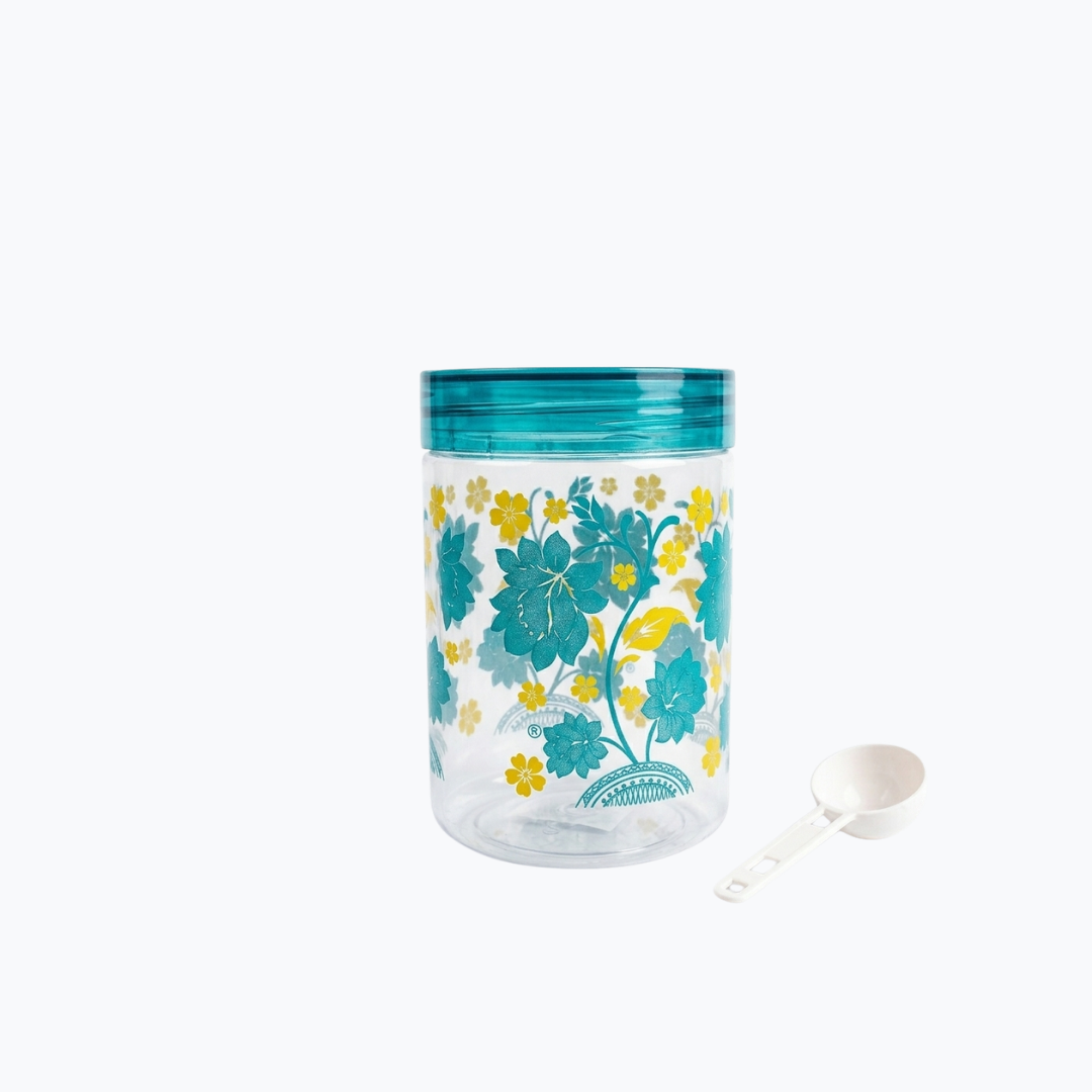blue floral plastic storage jar 800 ml with spoon kitchen container for home use in India