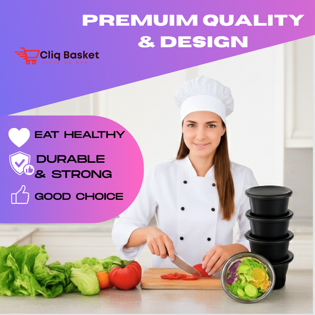 Woman in chef's uniform preparing food with kitchen items, text about premium quality and design.