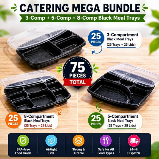 Catering Mega Bundle – 3 Compartment + 5 Compartment + 8 Compartment Black Meal Trays with Lids (75 Pieces)