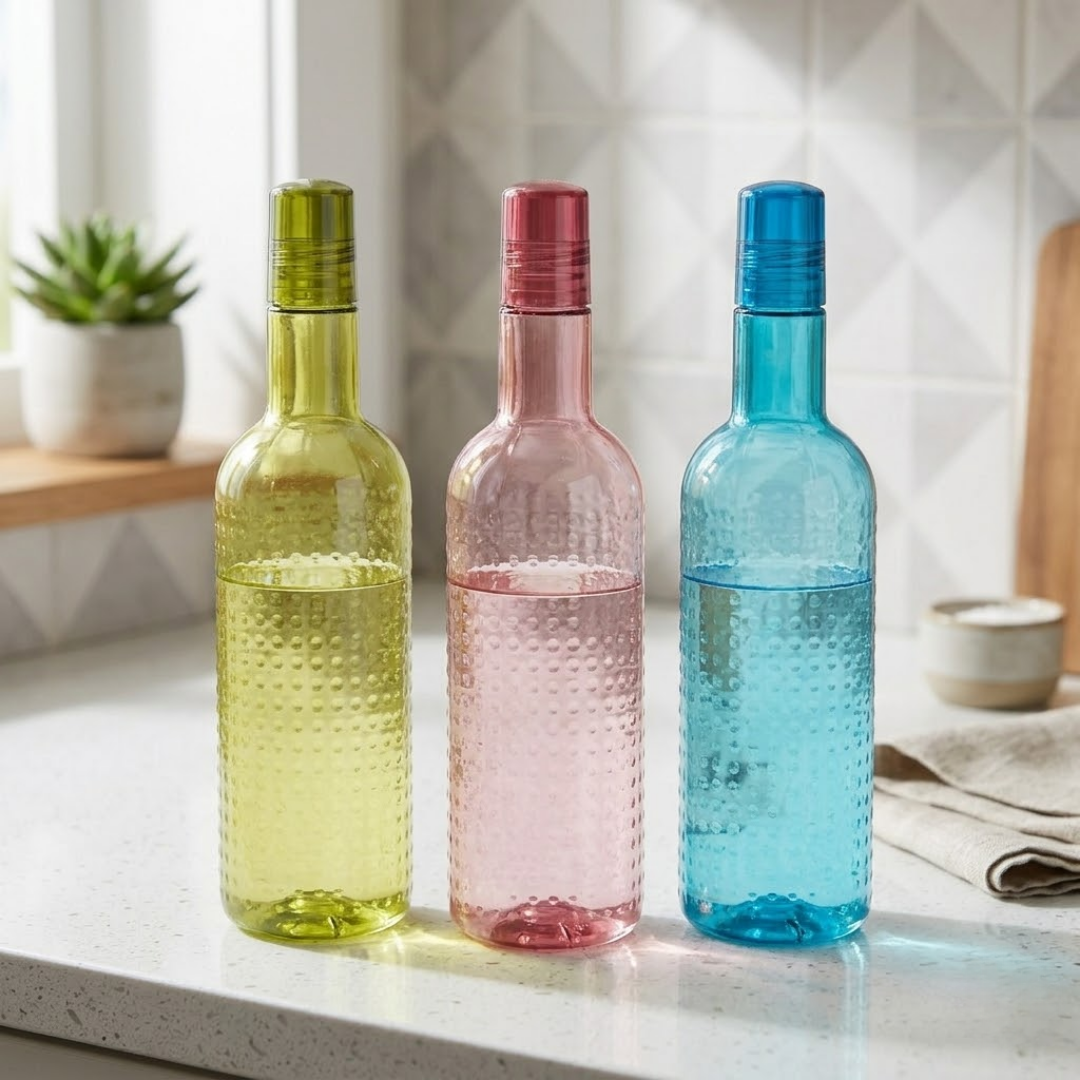 1000 ml plastic water bottle set 3 pack green blue pink reusable bottles with grip design leak proof for fridge storage and daily home use