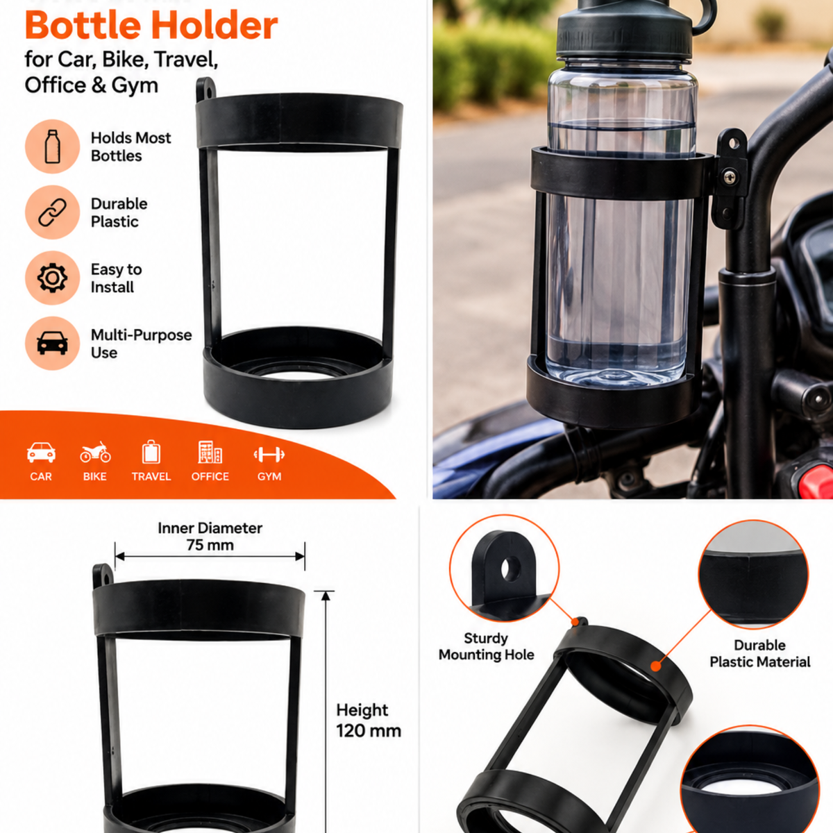 Universal Water Bottle Holder for Car & Bike – Durable Black Plastic Bottle Cage